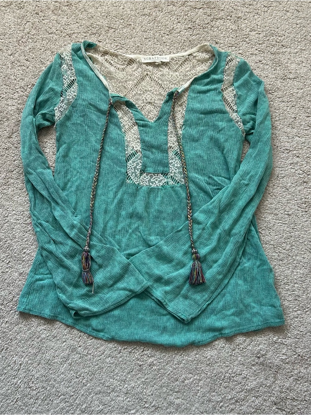 Boho Style Teal Lace-Trim Blouse Top